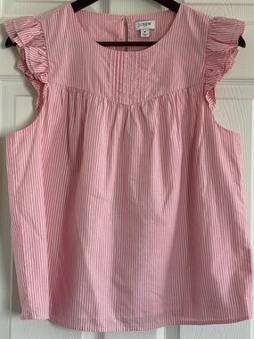 J.Crew Pink White Stripe Cotton Top Ruffle Sleeve Pintuck Blouse Size M